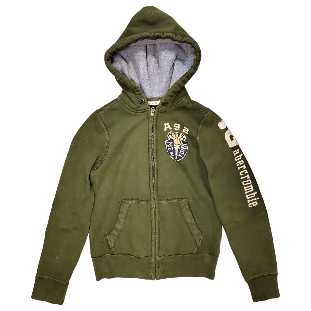 ABERCROMBIE & FITCH Sweater Men Large Green MUSCLE FIT Hooded Full Zip Spell Out